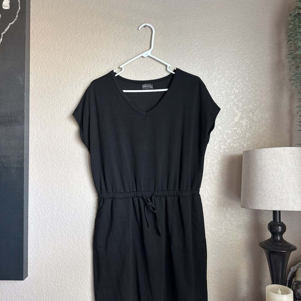 32 Degrees Cool Soft Lux Dress Short Sleeve V Neck Drawstring Waist Black M
